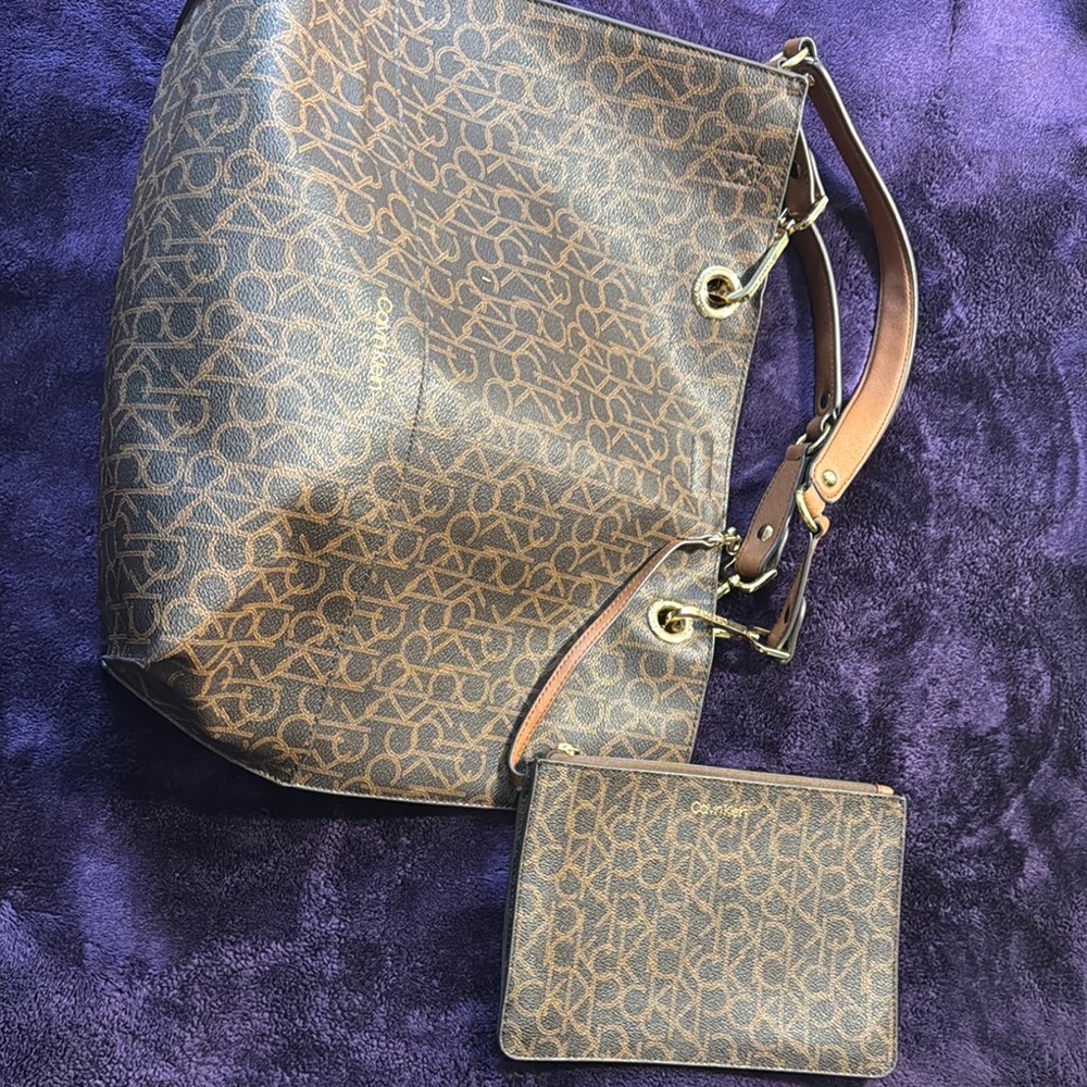 Calvin Klein Brown Shoulder Bag with Signature Pattern